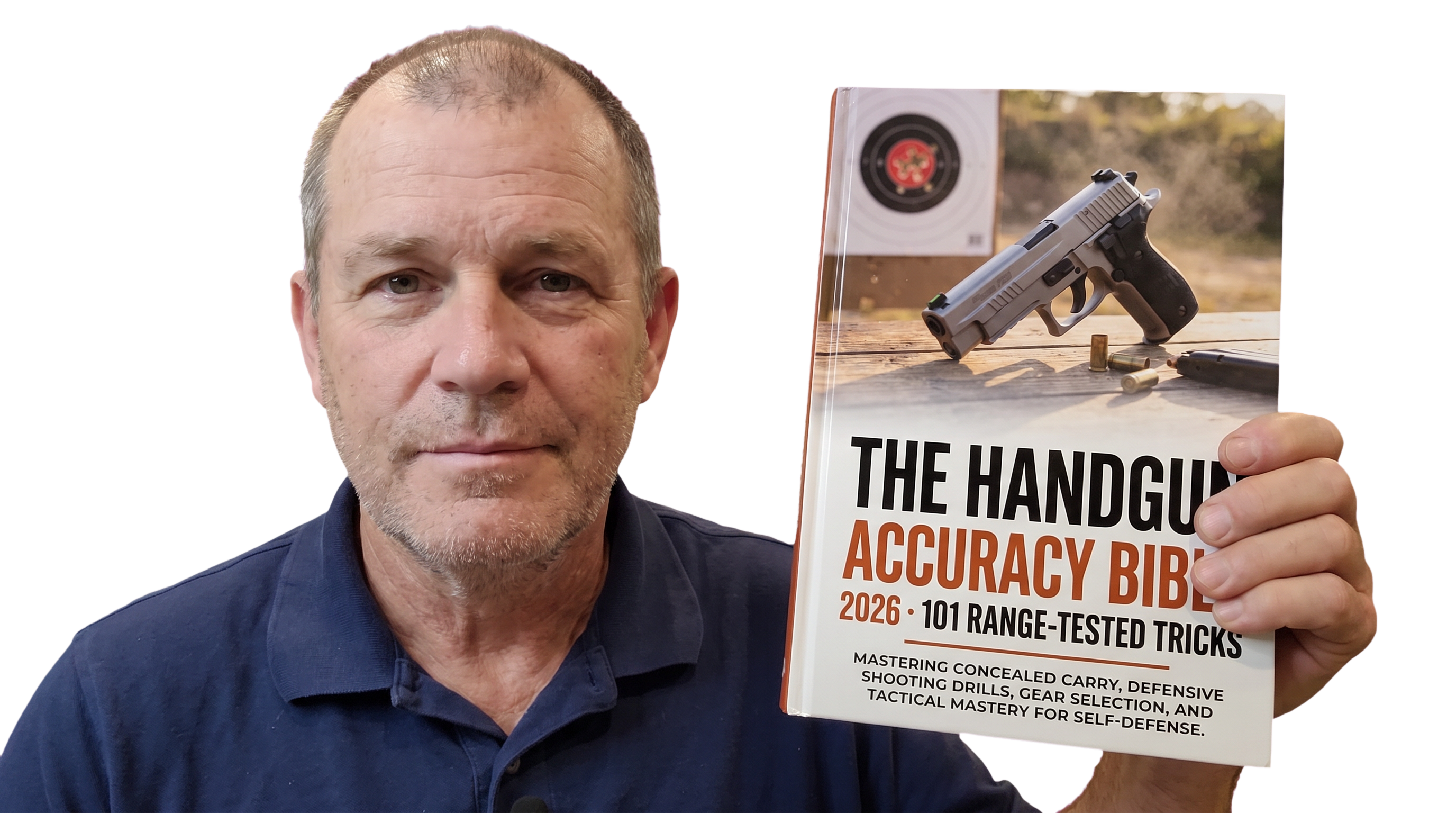 The Handgun Accuracy Bible book cover with a pistol target showing tight groupings